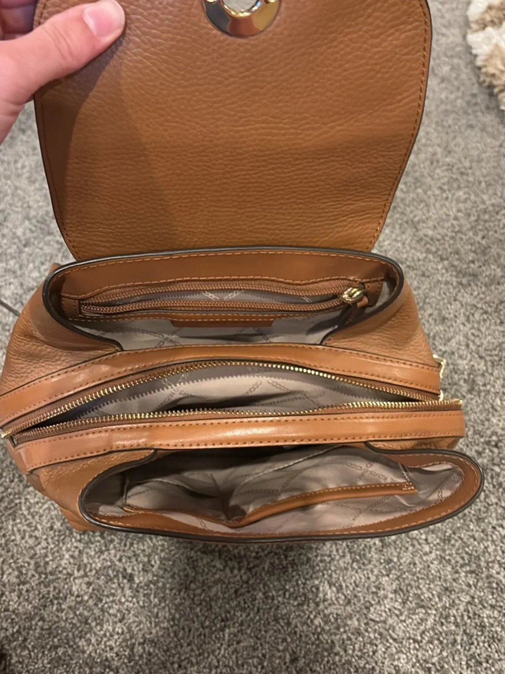 Michael Kors Cognac Leather Drawstring Backpack with Gold Hardware